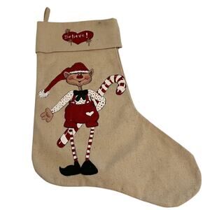 Westwater Ent. Primitive Christmas Stocking Elf Believe Folk Art Rustic 16"